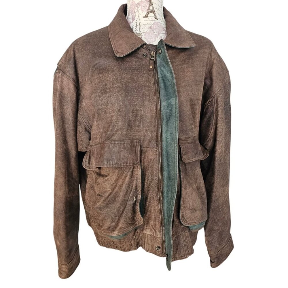 John Ashford Vintage Faded Brown Leather Jacket Sz Medium Green Trim Bomber